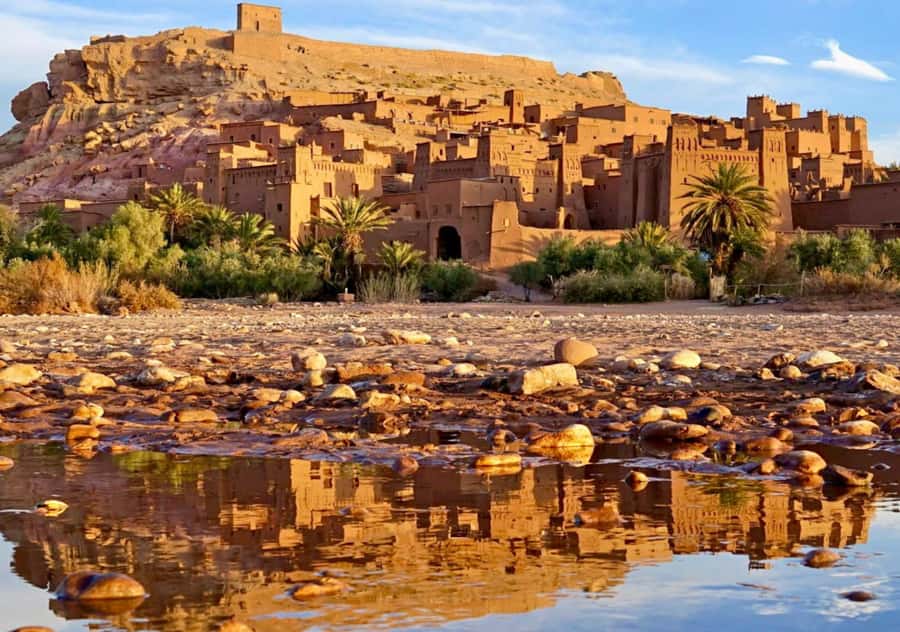 The kasbah at Ait Ben Haddou reflected in the riverbed