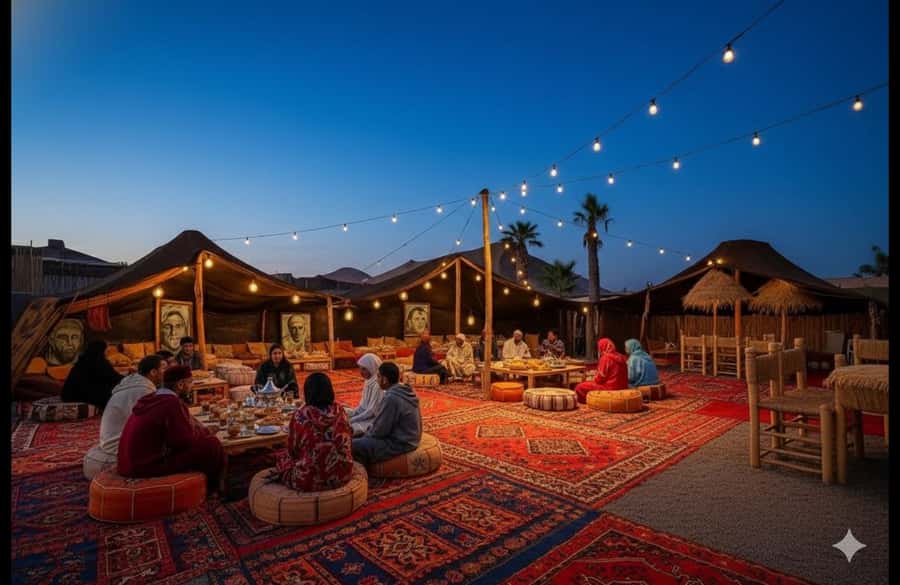 Marrakech: Agafay desert camel ride with dinner & spectacle - Moroccan dinner under the stars