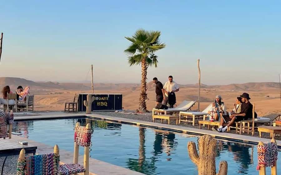Marrakech Dinner Show Agafay Desert with Camels swiming pool - Moroccan Sweets, Tea, And Camp Arrival
