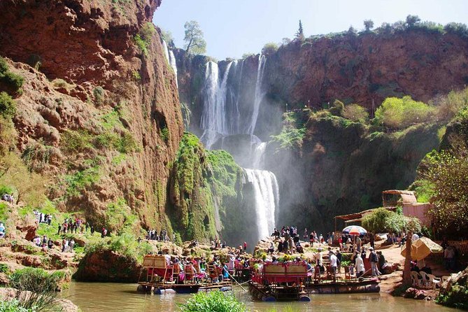 The waterfalls of Ouzoud - The basin, small boats, and the walk back up
